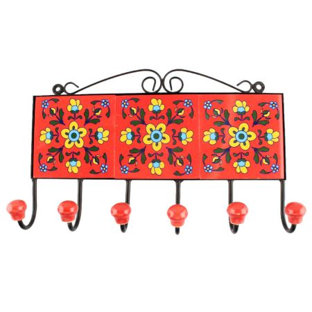 Red With Yellow Tiny Flower Ceramic Tile Hook